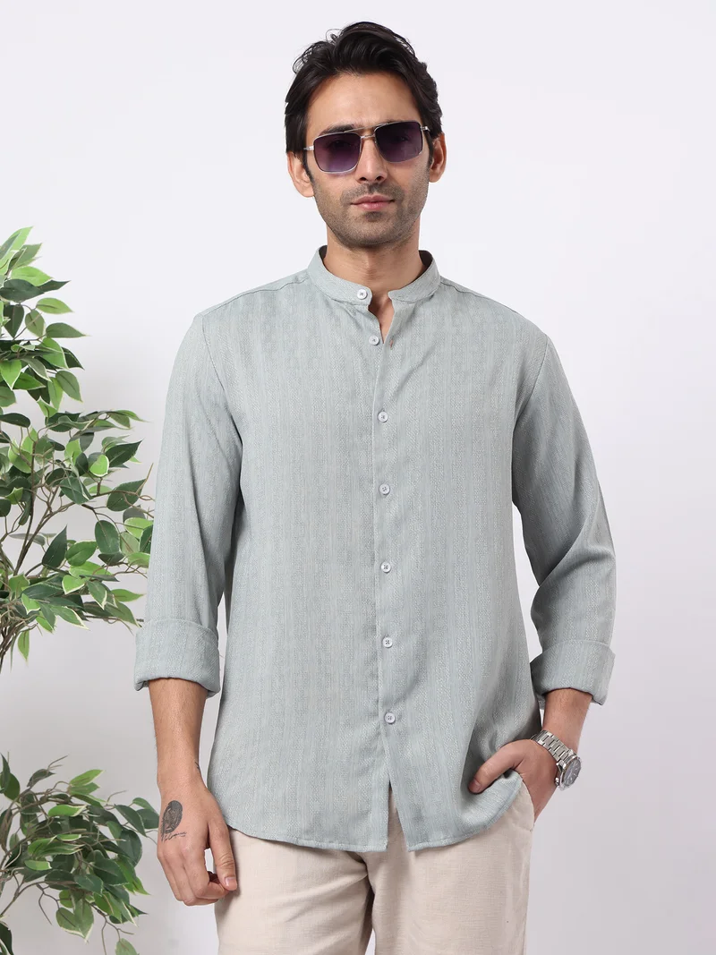 مانياك Maniac Mens Solid Chinese Collar Full Sleeve Soft Twill Fabric Pista Shirt